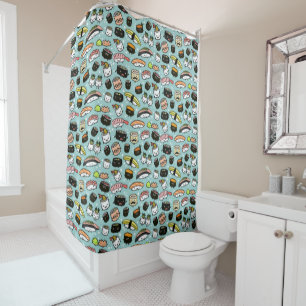 Cute Sushi Characters Pattern Kawaii Sushi Shower Curtain