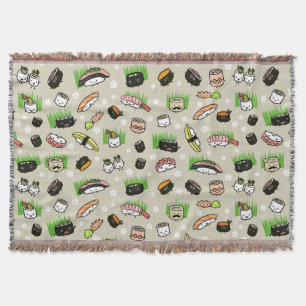Cute Sushi Characters Pattern   Kawaii Sushi Throw Blanket