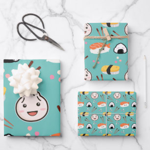 Cute Sushi & Dumpling Wrapping Paper - Blue