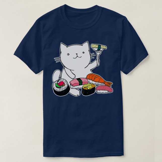 Cute Sushi Eating Cat Funny Animal Pet Japan Food  T-Shirt (Design Front)