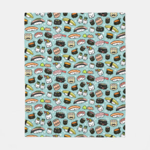 Cute Sushi Patterned   Kawaii Sushi Characters Fleece Blanket