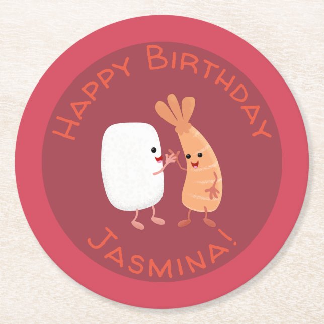 Cute sushi rice prawn friends cartoon round paper coaster (Front)