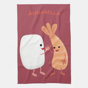 Cute sushi rice prawn friends cartoon tea towel