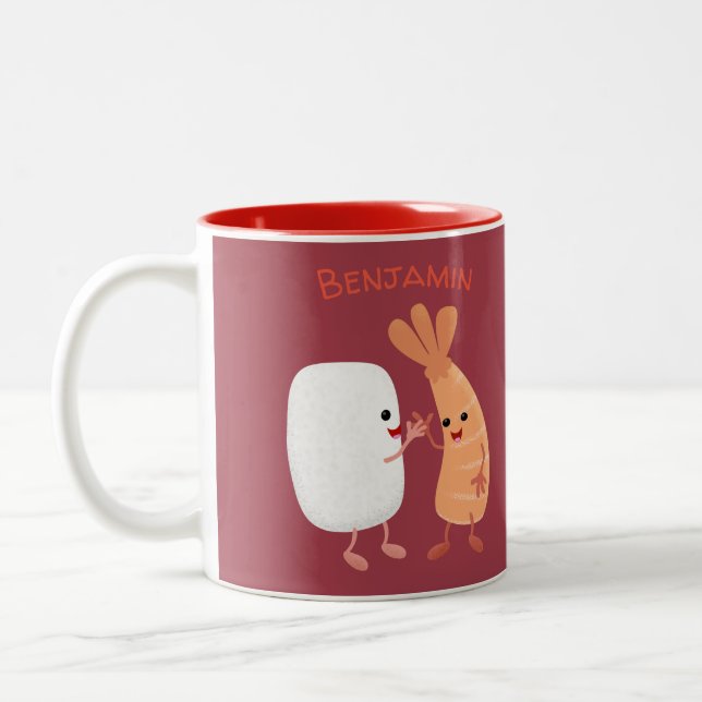 Cute sushi rice prawn friends cartoon Two-Tone coffee mug (Left)