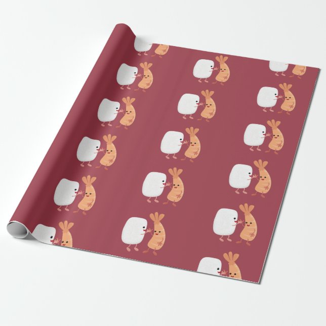 Cute sushi rice prawn friends cartoon wrapping paper (Unrolled)