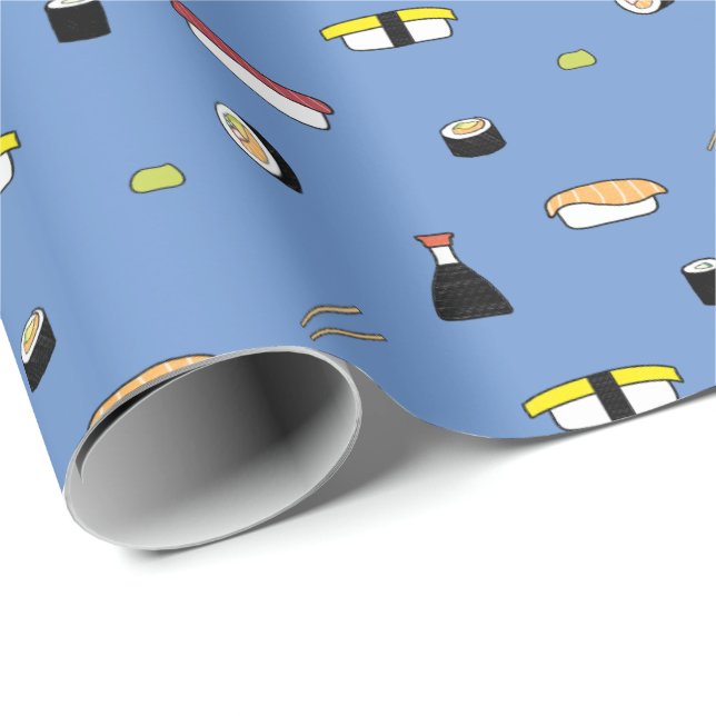 Cute Sushi Roll Set Pattern Nigiri Maki | Blue Wrapping Paper (Roll Corner)