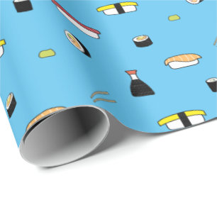 Cute Sushi Roll Set Pattern Nigiri Maki Light Blue Wrapping Paper