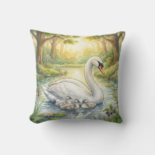 Cute Swan And Babies River and Lake Animals  Cushion