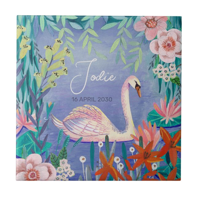 Cute Swan Bird Elegant Blue & Pink Baby Shower Ceramic Tile (Front)