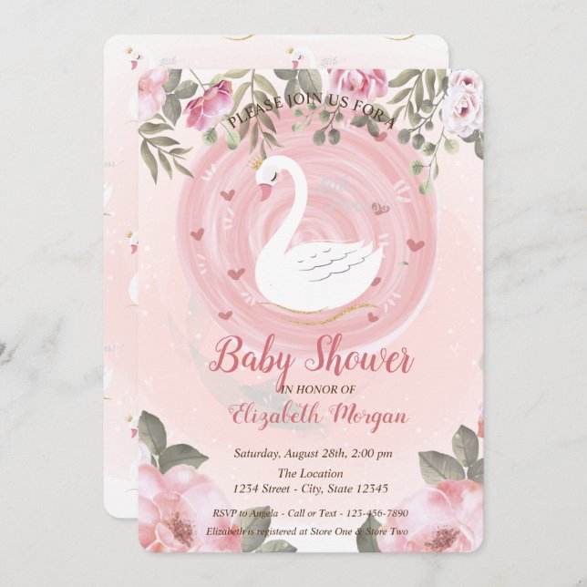 Cute Swan,Floral Baby Shower Invitation (Front/Back)