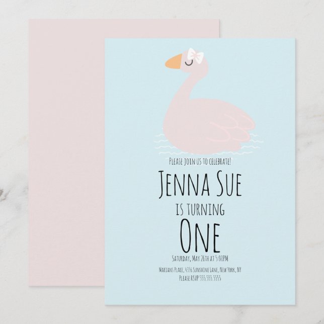 Cute Swan Girls Pink Birthday Party Invitation (Front/Back)