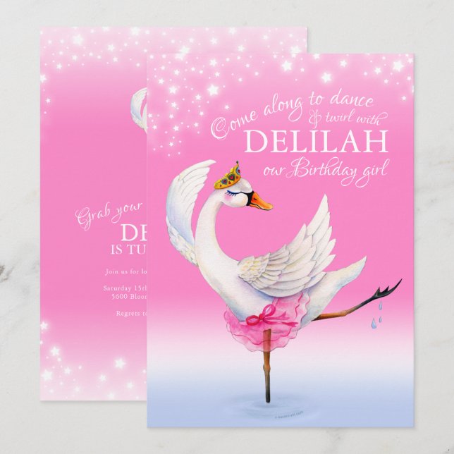 Cute swan on lake ballet 2nd birthday invitations (Front/Back)
