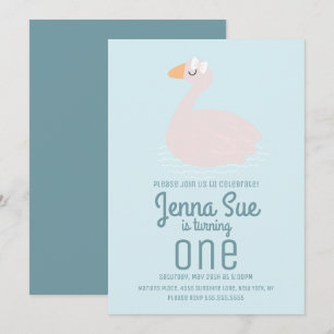 Cute Swan Pink Swimming Birthday Party Invitation