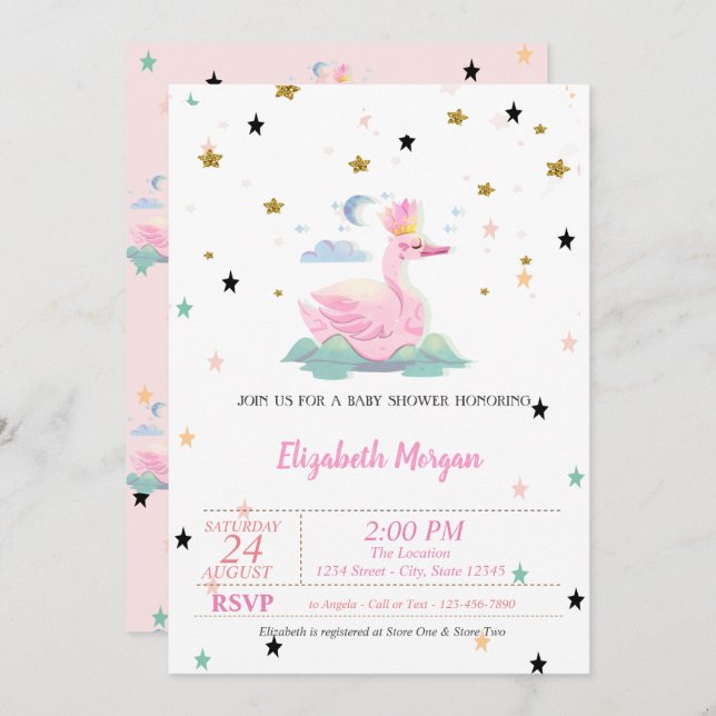 Cute Swan,Tiara, Stars, Princess  Baby Shower  Invitation (Front/Back)