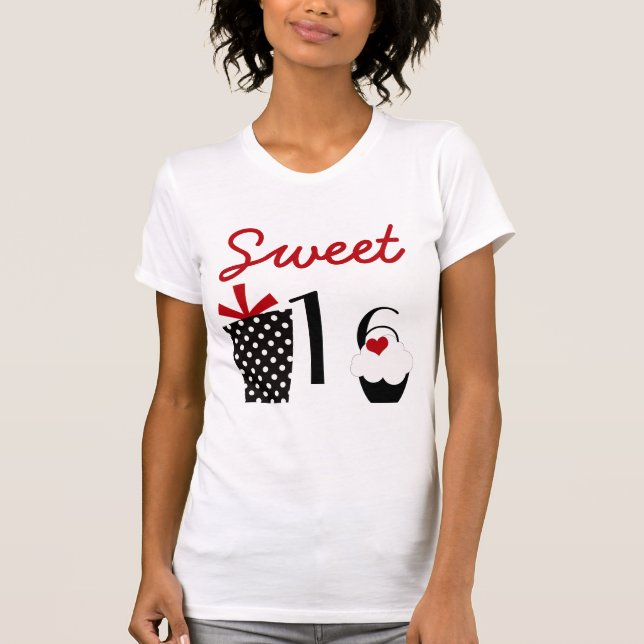 Cute Sweet 16 Cupcake and Polkadot Present T-Shirt (Front)