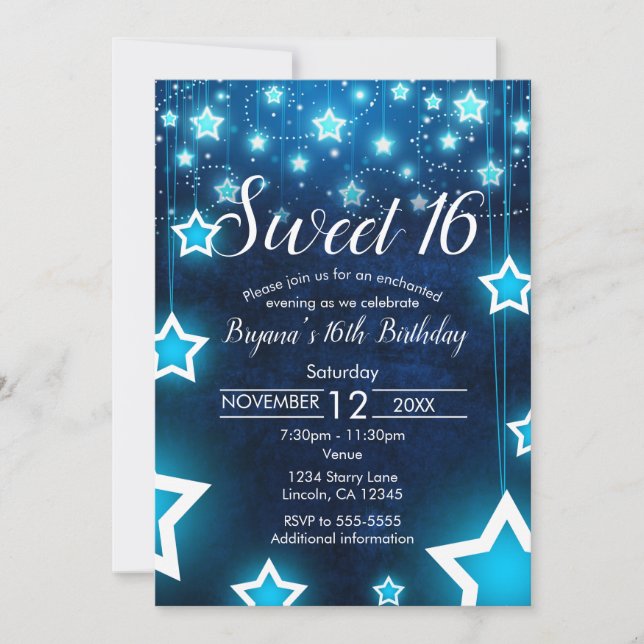 Cute Sweet 16 Custom Invitation With Star Lights (Front)