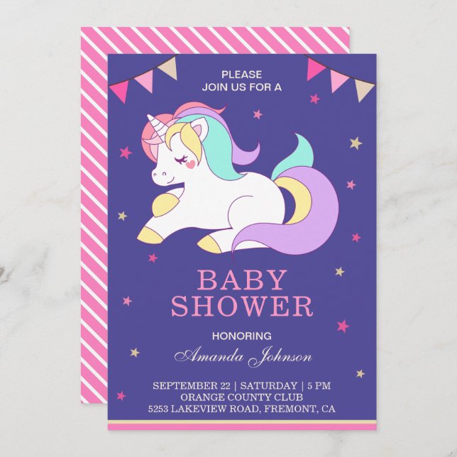 Cute Sweet Adorable Unicorn Baby Shower Invitation (Front/Back)