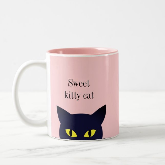 Cute sweet black cat face & calligraphy on pink Two-Tone coffee mug (Left)