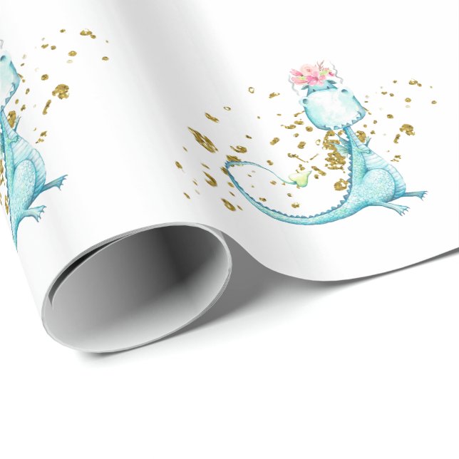 *~* Cute Sweet Blue Dragon Dinosaurs Flowers Wrapping Paper (Roll Corner)