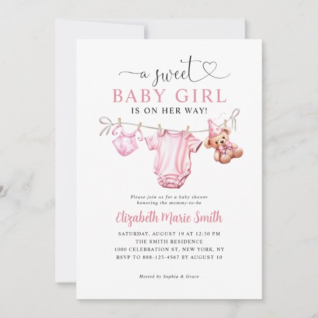 Cute Sweet Blush Pink Clothesline Baby Girl Shower Invitation (Front)