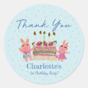 Cute Sweet Bunnies Blue Birthday Party Thank You Classic Round Sticker