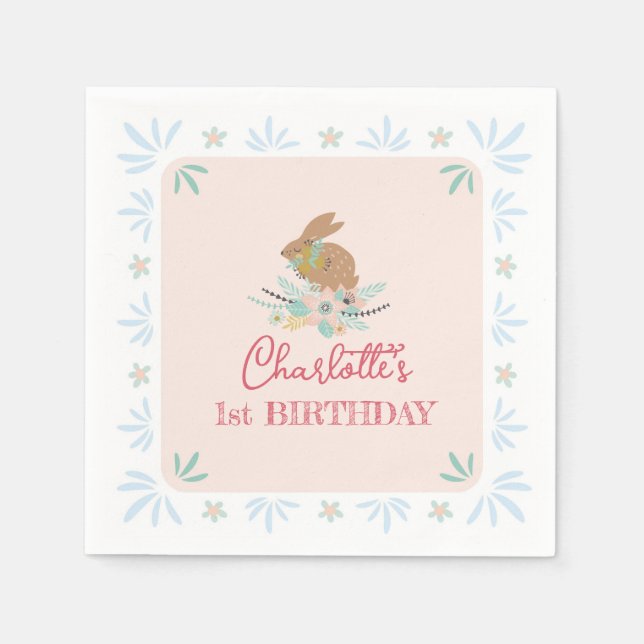 Cute Sweet Bunny Rabbit Animal 1st Birthday Party Napkin (Front)