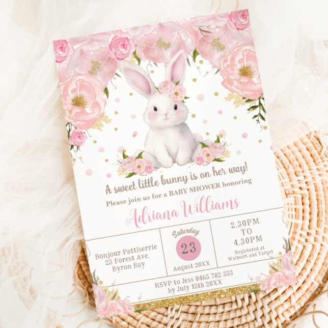Cute Sweet Bunny Rabbit Pink Floral Baby Shower Invitation (Creator Uploaded)