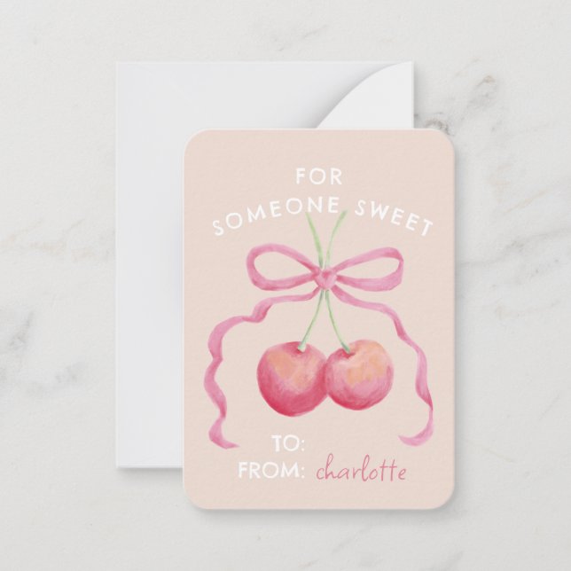 Cute, sweet cherries and bow classroom Valentine Card (Front)