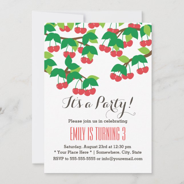 Cute Sweet Cherries Birthday Party Invitations (Front)