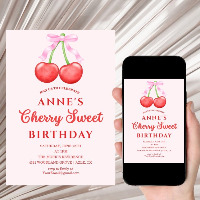 cute Sweet Cherry Birthday Invitation Girl (Creator Uploaded)