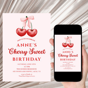 cute Sweet Cherry Birthday Invitation Girl