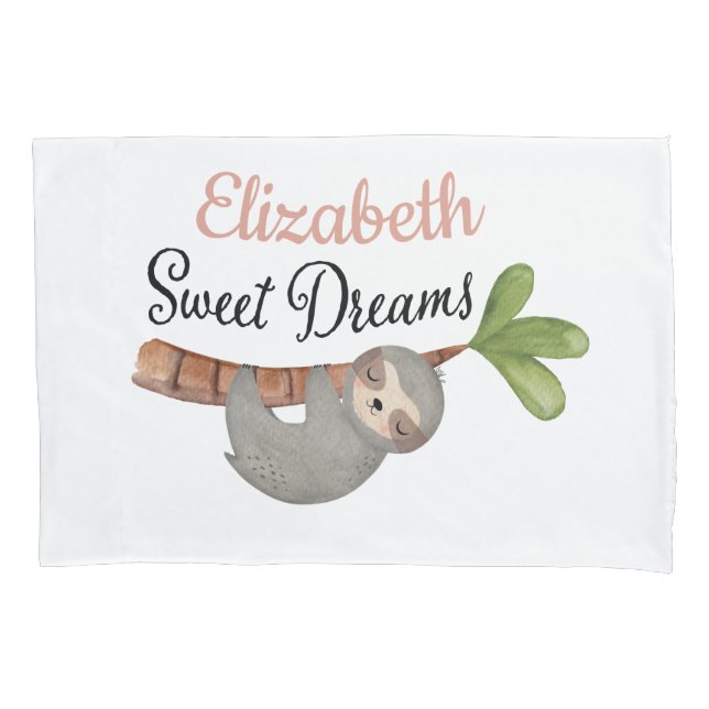 Cute Sweet Dream Girl Sloth Monogram Pillowcase (Front)