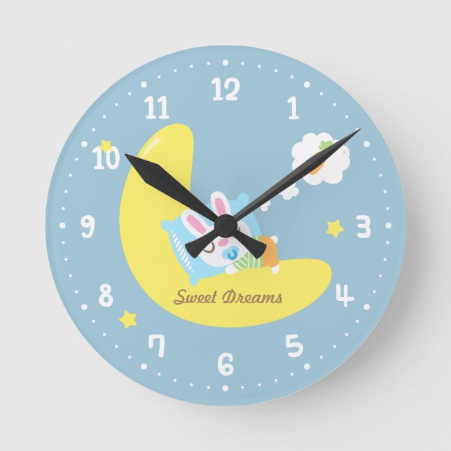 Cute Sweet Dreams Dreamland Baby Bunny Nursery Round Clock (Front)