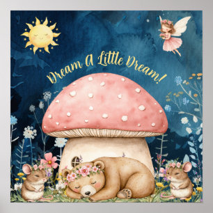 Cute Sweet Dreams Floral Bear & Mice Poster