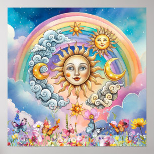 Cute Sweet Dreams Floral Sun, Stars & Moon  Poster