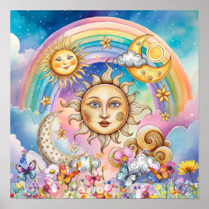 Cute Sweet Dreams Floral Sun, Stars & Moon  Poster