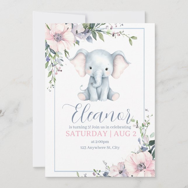 Cute Sweet Elephant Floral Birthday Invitation (Front)