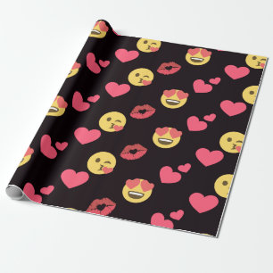 cute sweet emoji love hearts kiss lips pattern wrapping paper