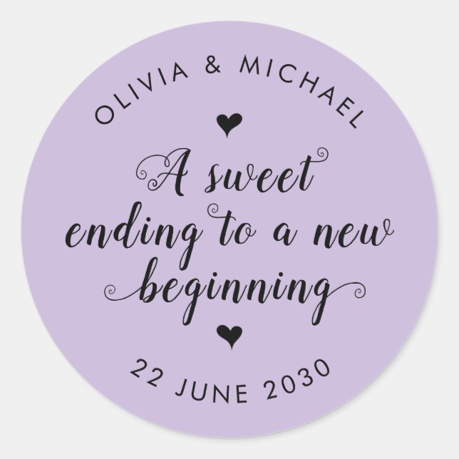 Cute Sweet Ending New Beginning Wedding Purple Classic Round Sticker (Front)