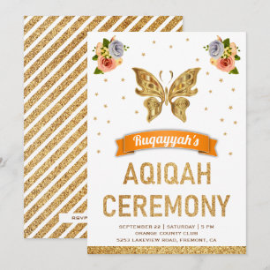 Cute Sweet Floral Gold Butterfly Girls Aqiqah Invitation