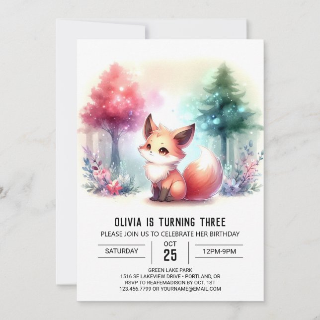 Cute Sweet Fox Birthday digital Invitation (Front)