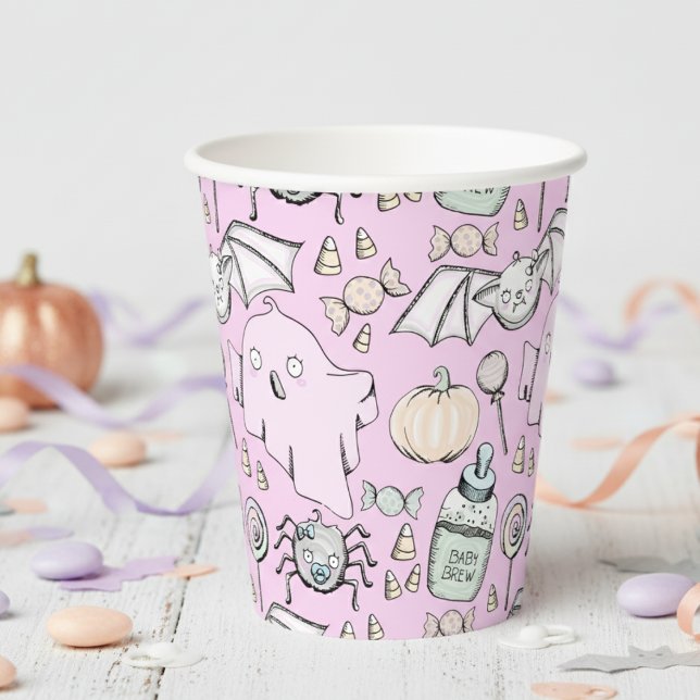 Cute & Sweet Halloween Kids Birthday Paper Cups (Girly Pink Halloween Girl Baby Shower Paper Cups. Ghosts, Bats, Spider, Candy Autumn Pattern for Her)