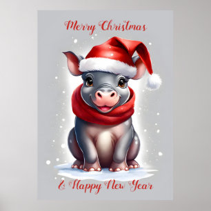 Cute Sweet Hippopotamus Santa Hat New Year Poster