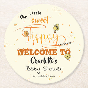 Cute Sweet Honey & Kawaii Eyeball Text Baby Shower Round Paper Coaster