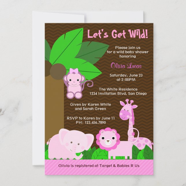 Cute Sweet Jungle Animals Baby Girl Baby Shower Invitation (Front)
