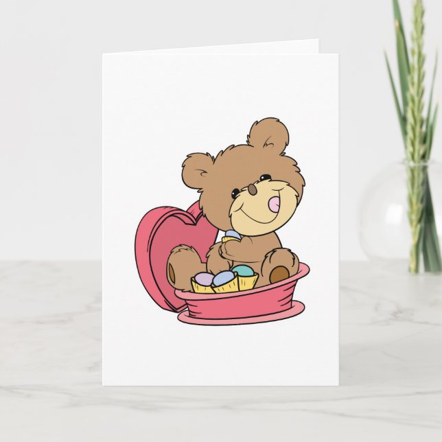 cute sweet little teddy bear eating valentine choc holiday card (Front)