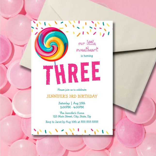 Cute Sweet Lollipop Candy 3rd Birthday Invitation (Creator Uploaded)