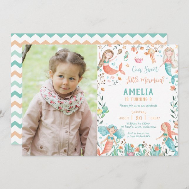 Cute Sweet Mermaid Birthday Under the Sea Photo Invitation (Front/Back)