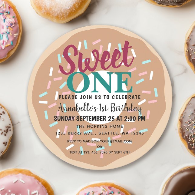 Cute Sweet One Doughnut Kids First Birthday Invitation (Creator Uploaded)