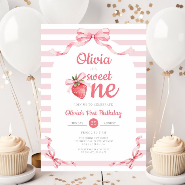 Cute Sweet One Strawberry Girl 1st Birthday Invitation (Cute Sweet One Strawberry Girl 1st Birthday Invitation)